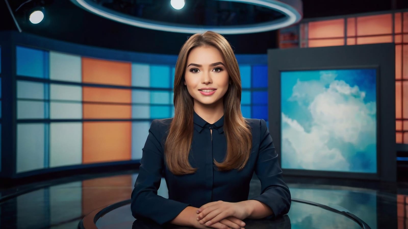 Apresentadora em estúdio de telejornal, foto demonstrativa